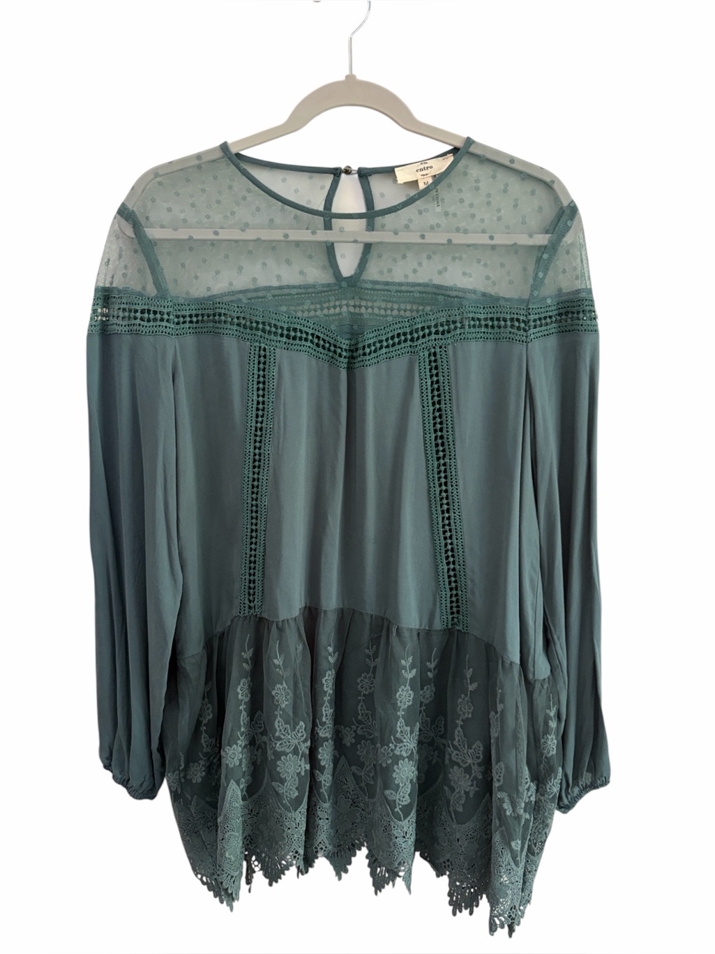Entro Romantic Boho Revival Sage Green Lace Layering Tunic Dress Size Medium